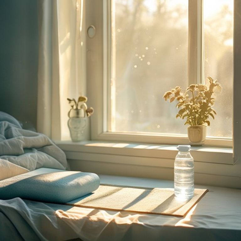 Morning sunlit space with yoga mat rolled up and water bottle on windowsill