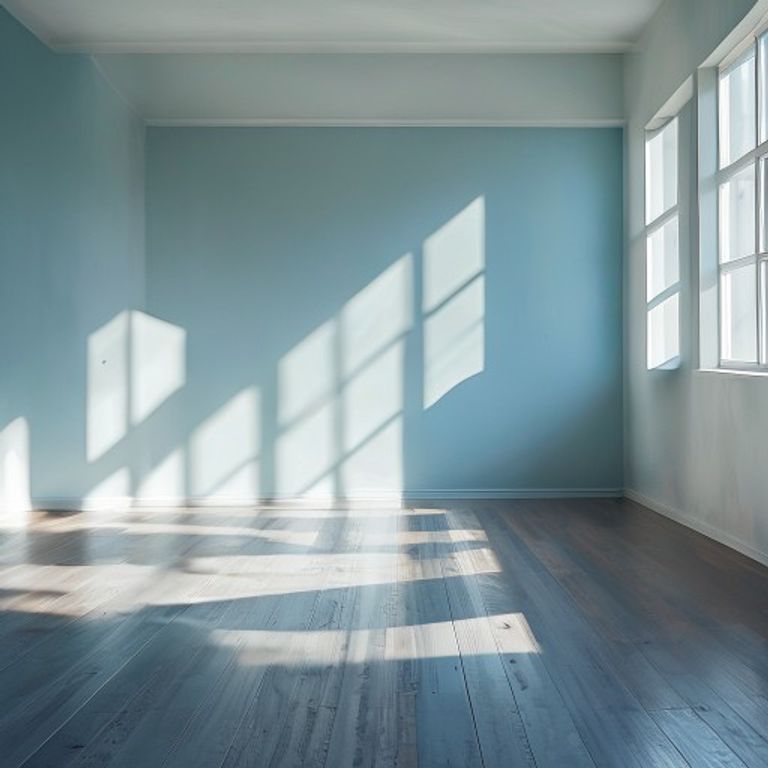 Empty bright workout space with sunlight casting geometric shadows on floor