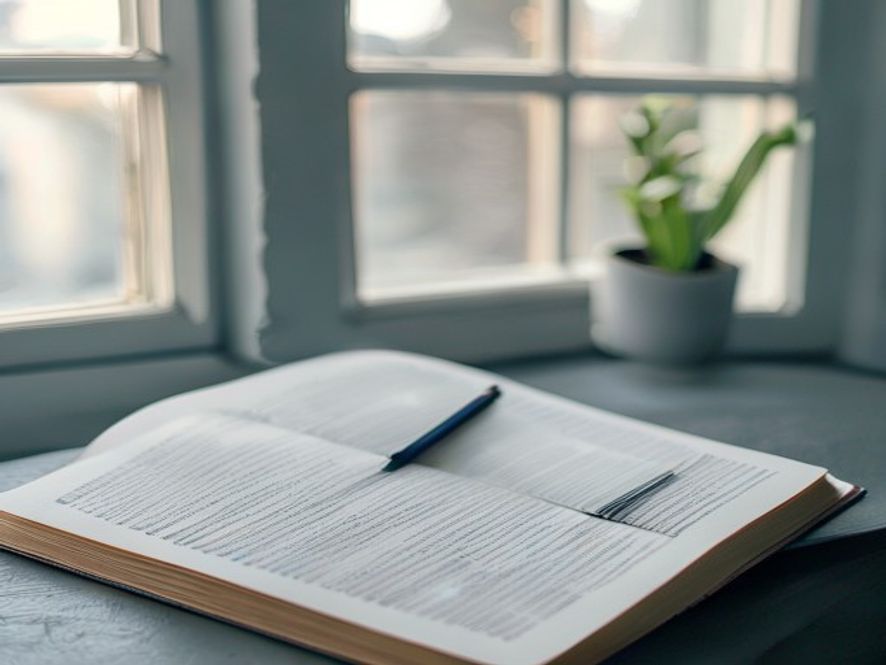 Open textbook on movement science with notebook and pen on wooden study desk