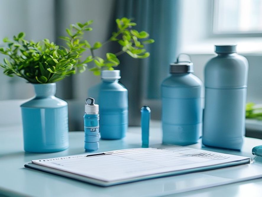 Neatly arranged collection of fitness tracking notebooks, pen, and water bottle on clean desk